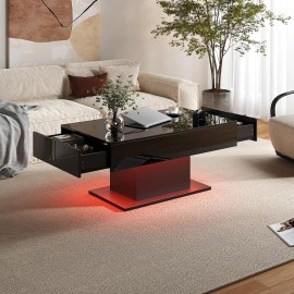 Coffee Table with LED Light, High-Gloss Black With Drawer Living Room Furniture