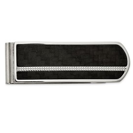 Mens Stainless Steel Brushed and Polished Black Carbon Fiber Money Clip