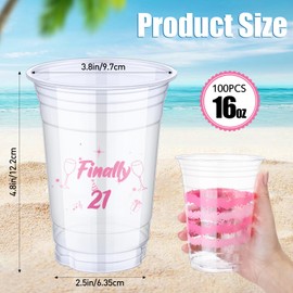 Tiangrid 100 Pcs Finally 21 Birthday Party Cups 16 oz Clear Finally 21 Cups Bulk Disposable Finally 21 Cups Cute Plastic Drinking Cups for Her 21st Birthday Summer Party Supplies Decoration
