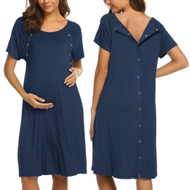Ekouaer Womens, Nightgown Nightshirt, Nursing/Delivery/Labor/Hospital Short Sleepshirt Dress with Button, 1 Navy Blue, X-Large