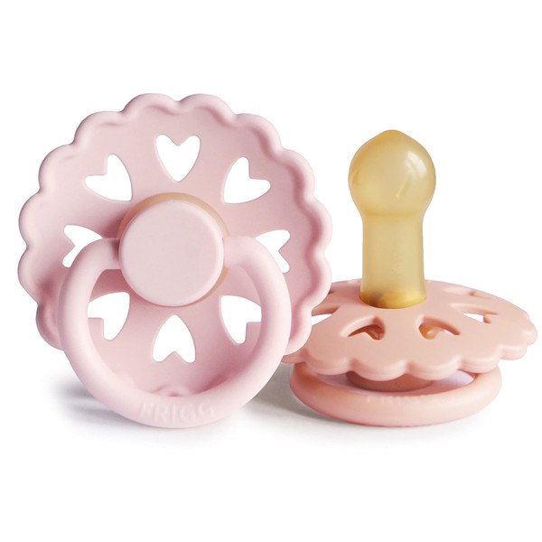 FRIGG Fairytale Latex Pacifier Pack of 2 | Natural Rubber Soother Dummy | BPA-Free | Made in Denmark | Symmetrical Cherry Shaped Nipple (White Lilac/Pretty in Peach), Size 2 (6-18 Months)