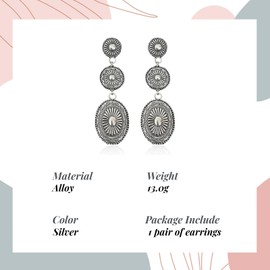 QKEOISUD Vintage Western Earring for Women Cowgirl Western Jewelry Drop Oval Dangle Earring Rodeo Country Concert Outfits for Party Anniversary(Silver)