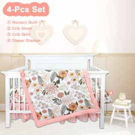 HNHUAMING 4-Piece Crib Bedding Set for Girls, Pink Baby Girl Bedding Set with Super Soft Crib Skirt, Reversible Baby Quilt, Crib Sheet and Diaper Stacker, Daisy Flower