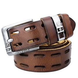 HAWSON Full Grain Genuine Leather Belt for Men with Pin Buckle - 1.3'' and 1.5'' 3 Colors Men Belts with Black Gift Box, Hollow Out/Dark Khaki, 1.5'' wide/47''length, fits 38~40 pants size