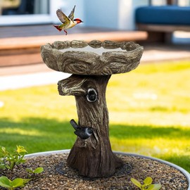 SunJet 23 Inch High Wood-Look Concrete Bird Bath with Decorative Faux Bird – Birdbath Rustic & Long-Lasting Design, Enhances Garden, Patio, Yard, Lawn Decor