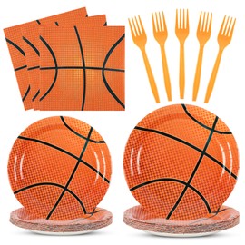 LASLU 96PCS Basketball Tableware Set Sport Party Disposable Plates Napkins Fork Birthday Party Decorations for Teenagers Kids Boys Team Party Serves 24 Guests(Basketball)