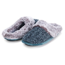 Womens Indoor/Outdoor Soft Cuff Chenille Knit Plush Two Tone Fur Clog Slipper W/Memory Foam (L, Teal-333)