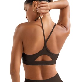 YEOREO Luciny Workout Y Back Sports Bras for Women Spaghetti Straps Racerback Padded V Neck Medium Impact Gym Bra Yoga Top Cocoa-L