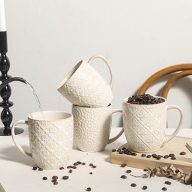 16OZ Embossed Ceramic Coffee Mugs Set, Large Coffee Cups with Handles for Cappuccino, Milk, Tea, Latte, Mocha, Cocoa, Microwave & Dishwasher Safe, Porcelain Cups Gift for Holiday or Anniversary (4PCS)