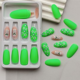 24Pcs Long Easter Press on Nails Almond Fake Nails Pastel Green French Tips False Nails with Flosers Daisy Cute Bunny Designs Glue on Nails Acrylic Full Cover Nails for Women and Girls Manicure