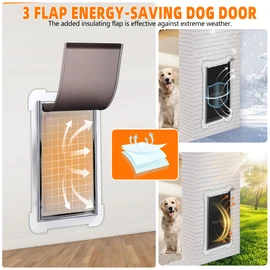 MIAOTONG 3-Flap Dog Door for Wall, Double Magnetic Flaps Pet Door for Wall, Aluminum Lock Doggy Door,Steel Frame and Telescoping Tunnel Dog Doors and Cat Doors(Pets Up to 40 Lb) -Medium