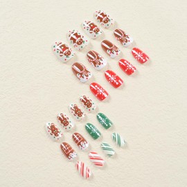 24PCS Christmas Press on Nails Medium Fake Nails with Snowflake and Gingerbread Man Design Brown False Nails Full Cover Glossy Glue on Nails for Women Stick on Nails Finger Manicure