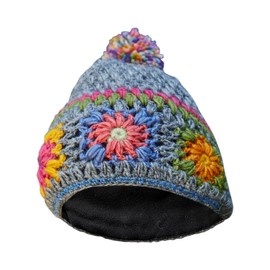 Pachamama Women Wool Beanie Bobble Hat Fleece Lined Hand Crocheted Flower Pattern Multicoloured One-Size Handmade Extra Warm Fair Trade (Wool, Grey, Multicoloured)