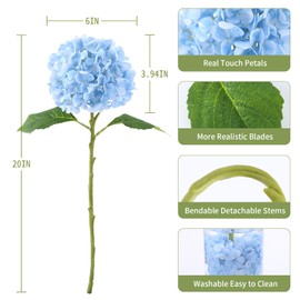 dallisten 5PCS 20'' Blue Artificial Hydrangea Flowers Latex Faux Hydrangeas Real Touch Silk Hydrangea with Stems for Home Decor Weddings Table Floral Arrangements Centerpieces Party Decorations