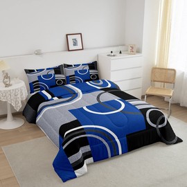 Royal Blue Black Grey Bedding Sets Full Geometry Swirls Spiral Comforter Set Abstract Gromment Stripes Quilt Bedroom Decor Geometric Plaid Bedding Modern Graphic Artwork Quilted Comforter All Season