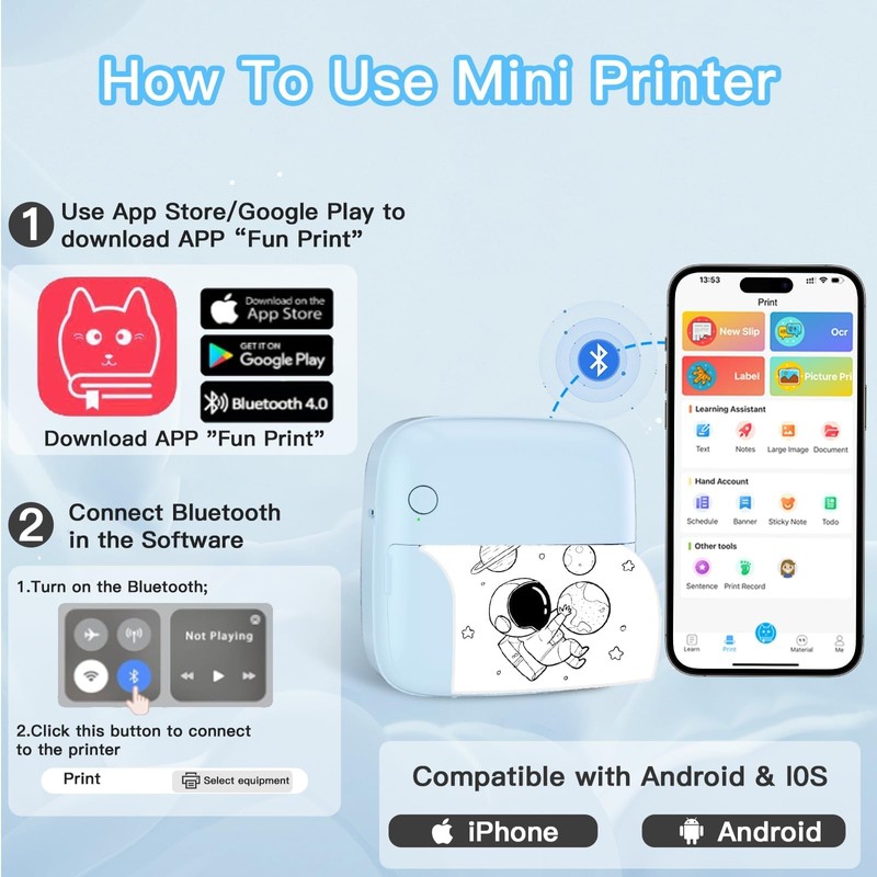 Sticker Printer Print Pod with 6 Rolls Sticker Paper, Seven