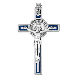 Venerare Marian Crucifix Pendant with Miraculous Medal and Blue Enamel (Silver)