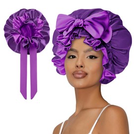Vettres Cute Adjustable Silk Bonnet for Sleeping Double Layer Satin Cap Hair Sleep Bonnet for Curly Hair Purple