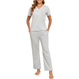 Aranmei Women's Pyjamas Set – Short Sleeve Cotton Loungewear with Pockets, Soft Checked Sleepwear Nightwear Set