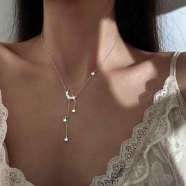 Wedding Mini CZ Moon Pendant Necklace Silver Crystal Star Thin Necklace Small Star Simple Necklace Choker Y Shaped Minimalist Necklace Lariat Chain Delicate Women