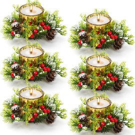Redbaker 6 Sets Christmas Candle Rings Wreath Artificial Red Berry Snowy Pinecone Garland Wreaths Decorative Christmas Candle Ring Holders for Xmas Holiday Wedding Home Table Centerpiece(Gold)