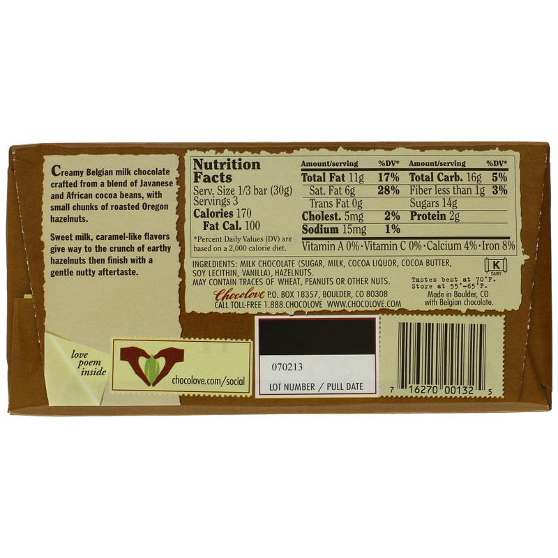 Chocolove Hazelnuts in Milk Chocolate Bar, 3.2 Ounce (Pack of
