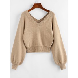 ZAFUL Women's Long Sleeve Double V-Neck Lantern Sleeve Short Pullover Sweater, Light Khaki