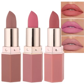 Lipstick, 3 Pcs Nude Matte Lipsticks For Women Long Lasting Pink Red Lipsticks, Waterproof Natural Lip Stick Moisturizing Hydrating High Pigmented Smooth Velvet Texture Lipstick Sets Makeup Gift