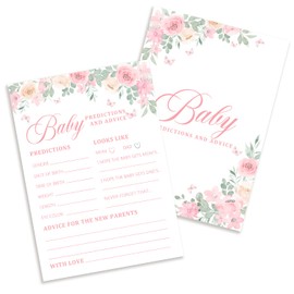 Kaderas Baby Prediction and Advice Baby Shower Game Cards for 25 Guests, Baby in Bloom Pink Floral Design