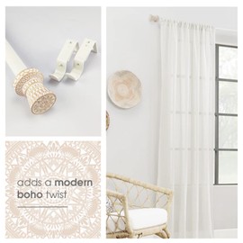 SKYPLUS LIVING Modern Boho Style Single Curtain Rod Set with Round Carved Finial, 36-72 inch, Standard Single White Drapery Rod for 1 Pack, 1 inch diameter, Adjustable Length