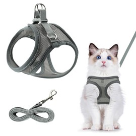 Breathable Cat Harness, Grey Reflective Harness Set, Adjustable Cat Harness, Escape Proof, Adjustable Cat Harness with Lead, Cat Harness, Escape Proof for Outdoor Use (XXS)