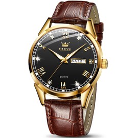 OLEVS Mens Brown Watches,Men Gold Watch Black Face,Mens Wrist Watch Leather Classic Watches,Men's Watches Day and Date,Dress Watches for Men,Mens Quartz Watch Roman Numeral Business Casual Fashion
