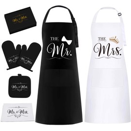 MASGALACC Mr & Mrs Aprons Gift Set for Couple - Wedding Anniversary for Couple, Engagement Gifts for Women, Bridal Shower Gift for Bride with Dish Towel, Oven Mitts & Pot Holder, Multicolor, Unisex
