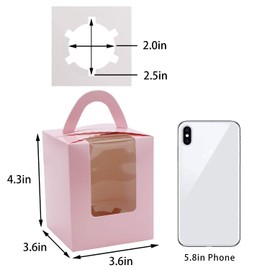 EUSOAR Individual Cupcake Boxes, 25pcs 3.6"x 3.6"x 4.3" Single Cupcake Carrier Containers, Muffin Cupcake Gift Boxes with Window Inserts Handle, for Wedding Birthday Party Treats Gift Packaging Boxes