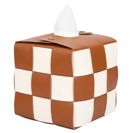 Tissue Box Cover,Modern PU Leather Square Checkered Tissue Holder,Stylish Design for Home,Office,Bathroom and Car Decoration (Orange and Beige)