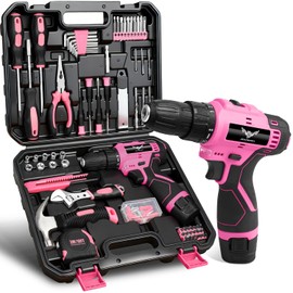 JENABOM Pink Tool Set - 12V Cordless Drill Kit, 151 Piece Box With Hand Drill, Home Tool Kits for Men & Women, Perfect for Homeowner, Diyer, Handyman