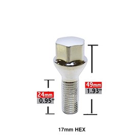 Wheel Accessories Parts Set of 20 Chrome 14x1.5 Lug Bolt Kit Cone Seat Acorn 17mm Hex, 24mm Shank Length, M14x1.50 Thread Cone Lug Bolts for Aftermarket Wheels (20, Chrome, 14 1.5)