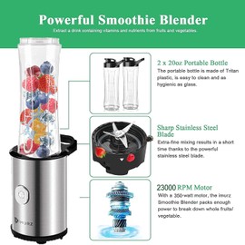 Portable Blender & Smoothie Maker Personal Mini Blender Electric Mixer with 2x600ml Blending Bottles for Smoothie,Milkshake, Fruit and Vegetable Drinks, Ice