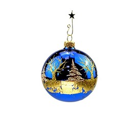 Victoria Bella 4-inch Hand-Painted Glass Christmas Tree Ball, Winter's tale on a blue background with gold leaf' Pattern, Individually packed