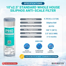 Max Water 10" x 2.5" Anti-Scale Water Filter Cartridge, Siliphos Polyphosphate (PHO) Replacement Filter, Fits Standard 10" Whole House Water Filtration System, Reduces Scale, Corrosion & Iron Staining