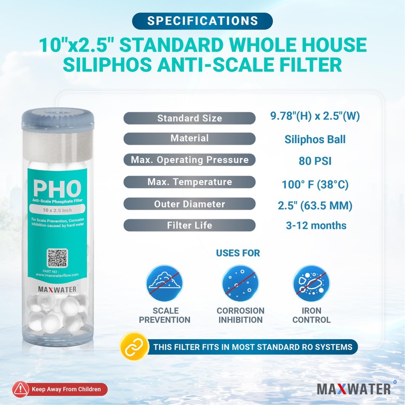 Max Water 10" x 2.5" Anti-Scale Water Filter Cartridge, Siliphos