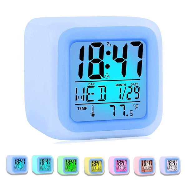 WanderGo Digital Alarm Clock for Kids, Kids Alarm Clocks Bedside Easy to Read with 7 Colours Light Switch, Snooze, Temperature, Calendar, Music for Heavy Sleepers Kids Travel Bedroom Office(White)