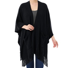 Cutecrop Women's Shawl Wraps with Pockets, Knitted Poncho, Open Front Fringe Sweater with Tassel for Spring Fall Winter(Black)