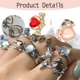 JALCH Y2K-15 Pcs Y2k Rings for Women, Adjustable Open Ring Vintage Punk Grunge Goth Moonstone Star Thorn Heart Cross Bud Bow Ring Set, Irregularly Designed Novelty Jewelry.