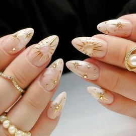 Rchovsam 24pcs Press on Nails Medium Almond Fake Nails 3D Heart Diamond Designs Nails Press Ons Acrylic Full Cover Gel False Nails Gift for Women