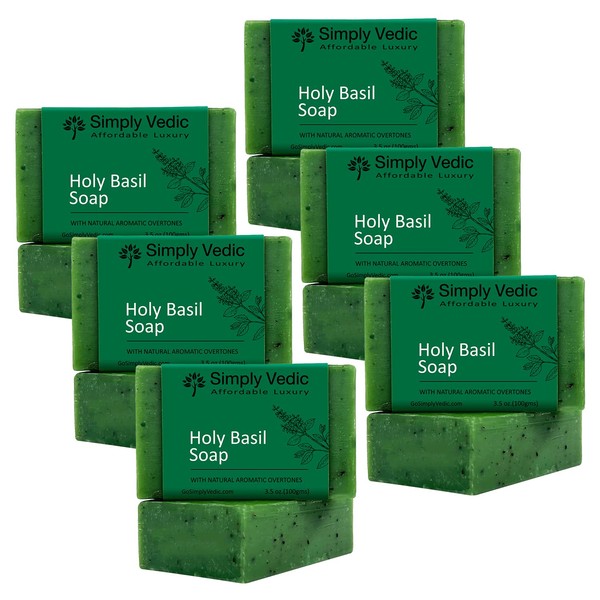 Simply Vedic 6 Pack Holy Basil/Tulsi Soap Bar for Body, Hand, Face, Made from Holy Basil Essential Oil, 100% Vegan, Cold Pressed with Coconut Oil (3.5 oz x 6)