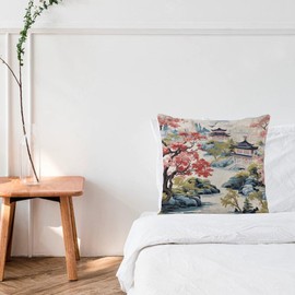 Vintage Outdoor Pillow Covers 18x18 Chinoiserie Asian Pagoda White Coral Blue Home Decor Comfy Pillow Cases Chinoiserie Toile Oriental Floral Linen Pillow Covers Protector for Bedroom Gallery Outdoor