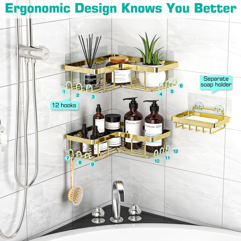 YASONIC Corner Shower Caddy, 3-Pack Adhesive Bathroom Caddy with Soap