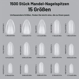 MUSILAN Almond Nail Tips, 15 Sizes, Short Almond Tips for Nails, Pre-Shaped Matte Almond Nail Tips, Soft Gel Full Cover Nail Tips, No-File Nail Tips, Short Almond Shape Tips, Artificial Nails, Pack of 1500