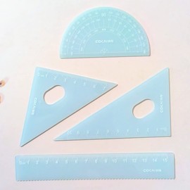 Getrays 4pcs Jelly Color Geometric Ruler, Triangle Plastic Protractor Straight Ruler and Storage Box for Students, Translucent Math Ruler, Drafting Ruler, Measuring Tools and Clear Scale for Home and School (Blue)